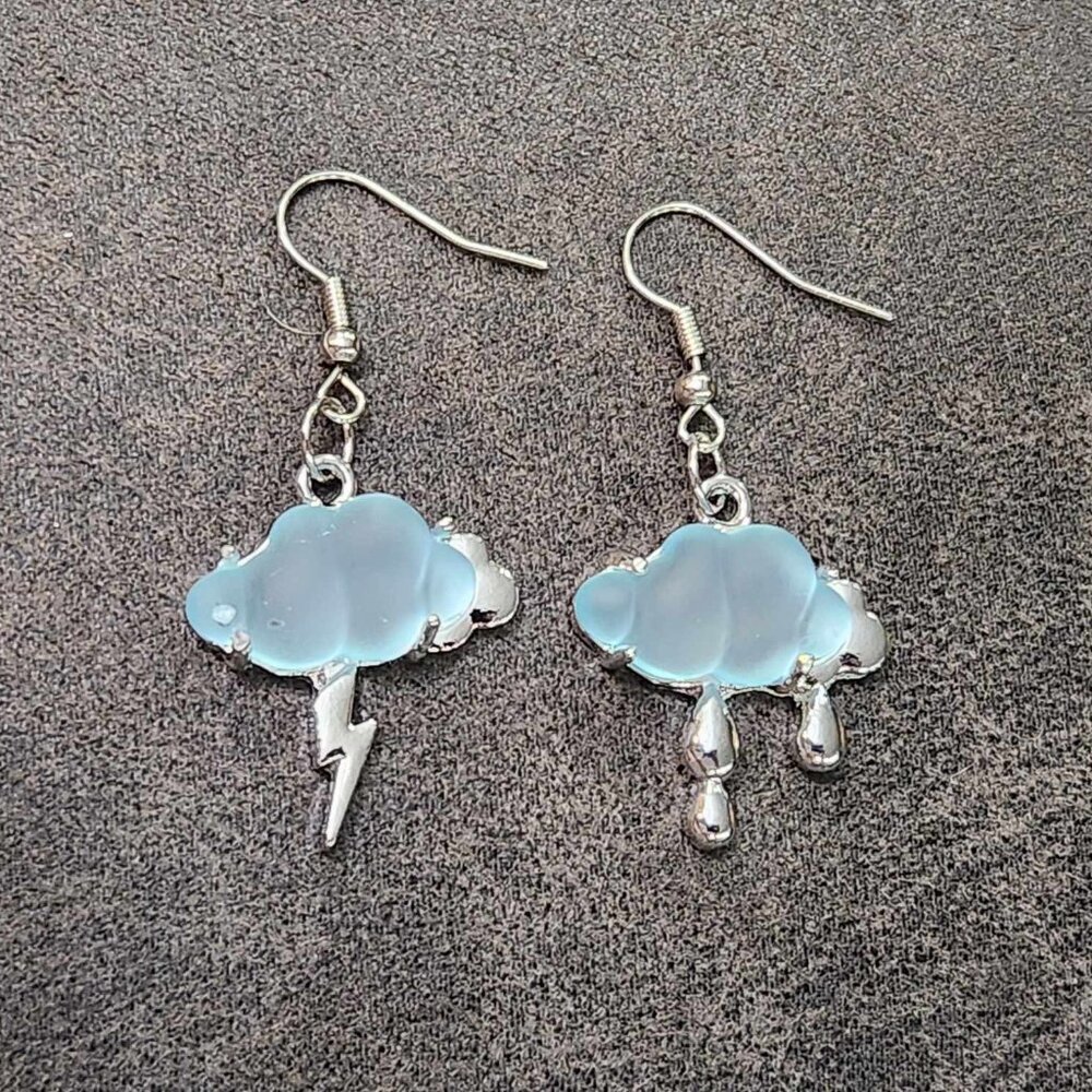Silver Blue Rain & Lightning Cloud Earrings - image 1